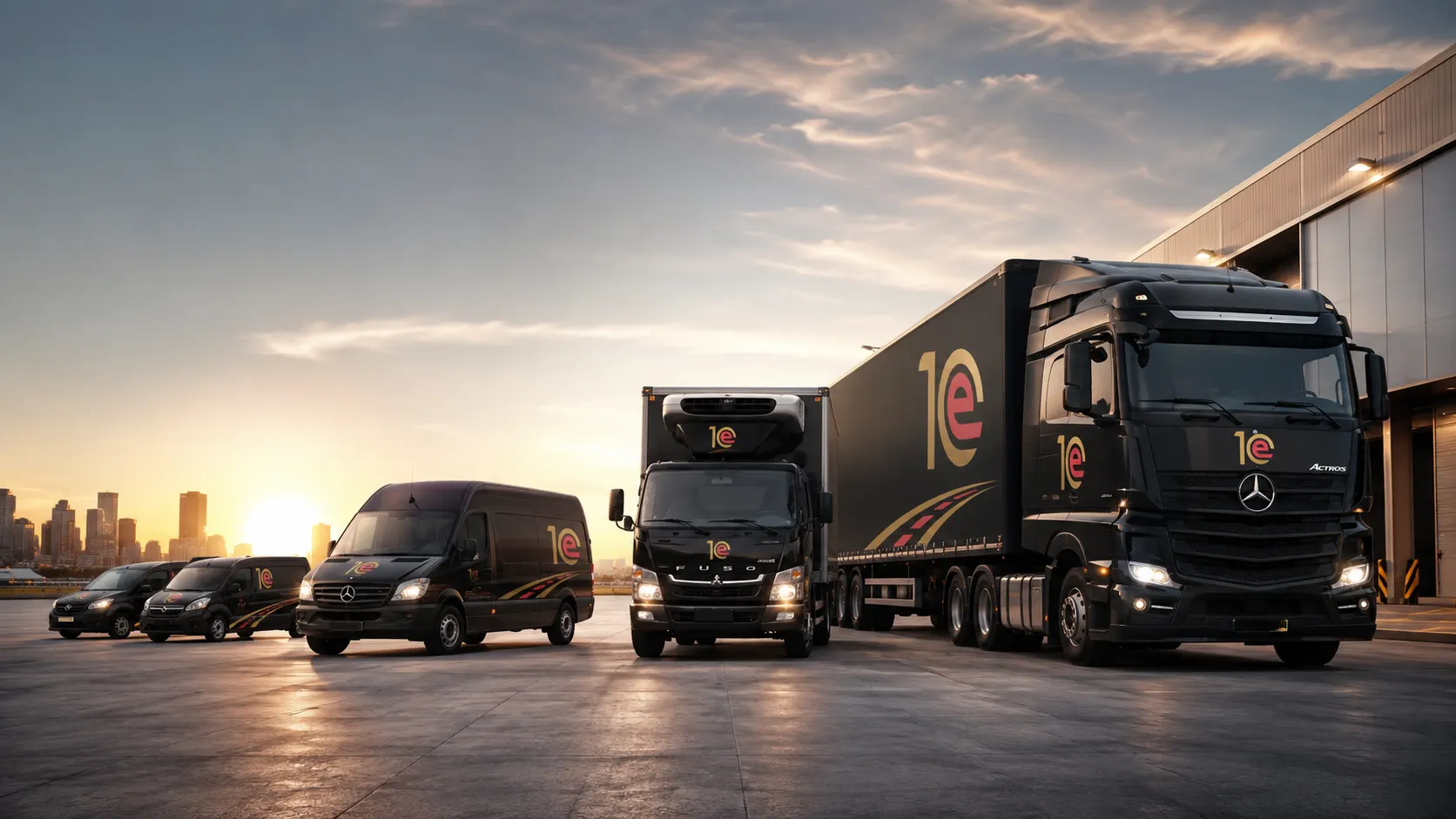 1st Class Express branded fleet, from delivery vans to a prime mover and trailer, lined up at the depot at sunset